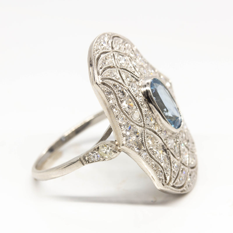 Handmade Platinum Natural Aquamarine and Diamond Ring + Resizing to T
