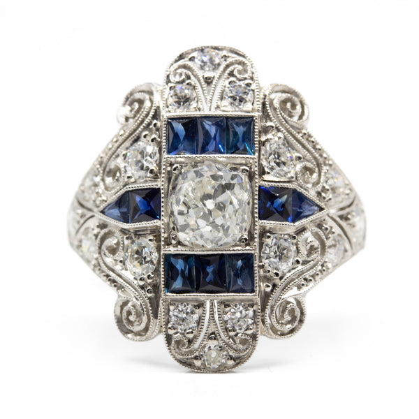 Art Deco Platinum Old Mine Cut Diamond and French cut Sapphire Ring