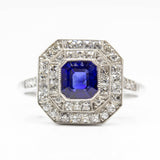 Art Deco Platinum Natural Ceylon Sapphire and French cut Diamond Engagement Ring
