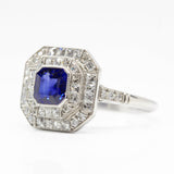 Art Deco Platinum Natural Ceylon Sapphire and French cut Diamond Engagement Ring