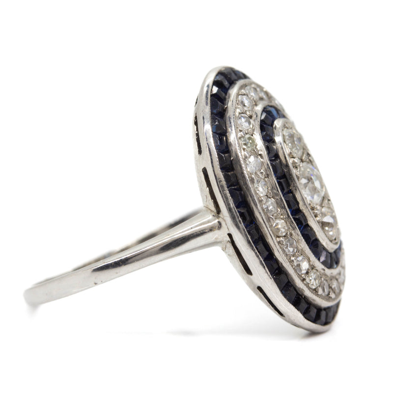 Vintage Art Deco Platinum Old Cut Diamond and Sapphire Ring