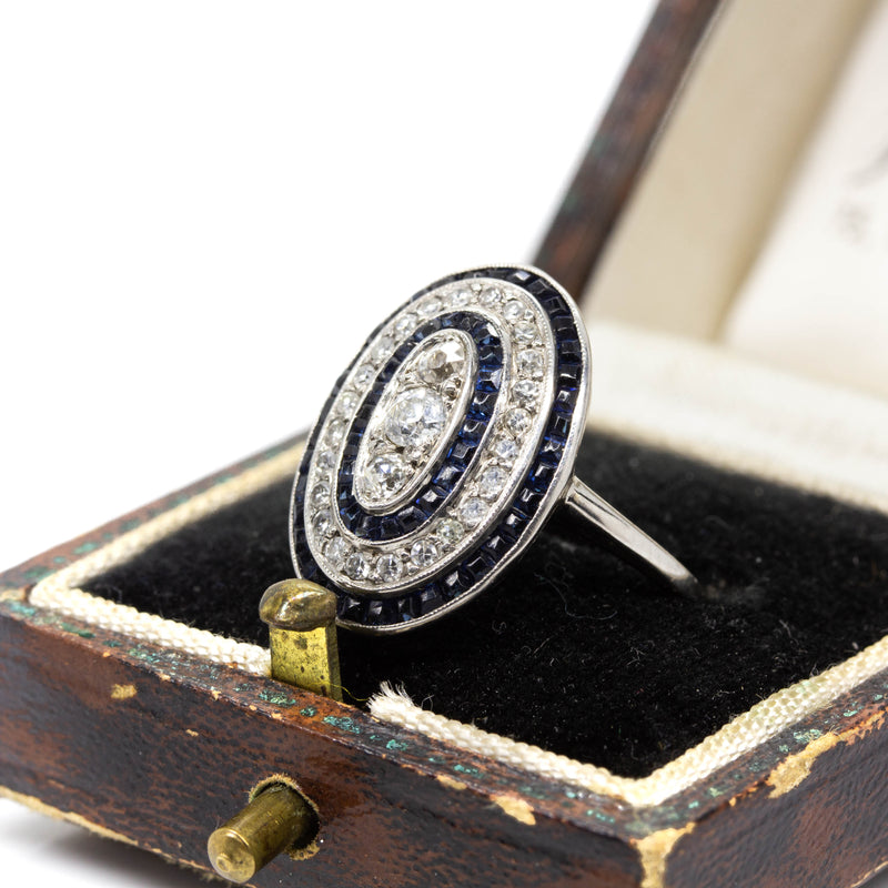Vintage Art Deco Platinum Old Cut Diamond and Sapphire Ring