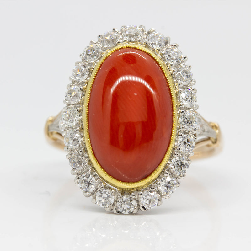 Estate 18k gold and Platinum Coral and Diamond Ring